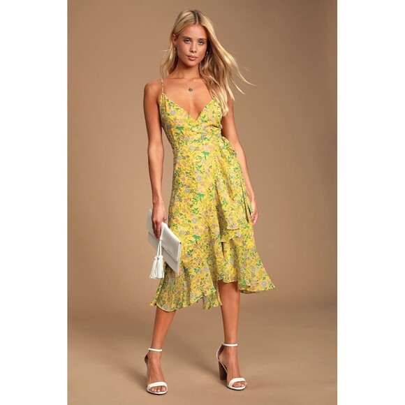 Lulus Alexandria Yellow Floral Print Midi Wrap Dress Size Small - Picture 1 of 16